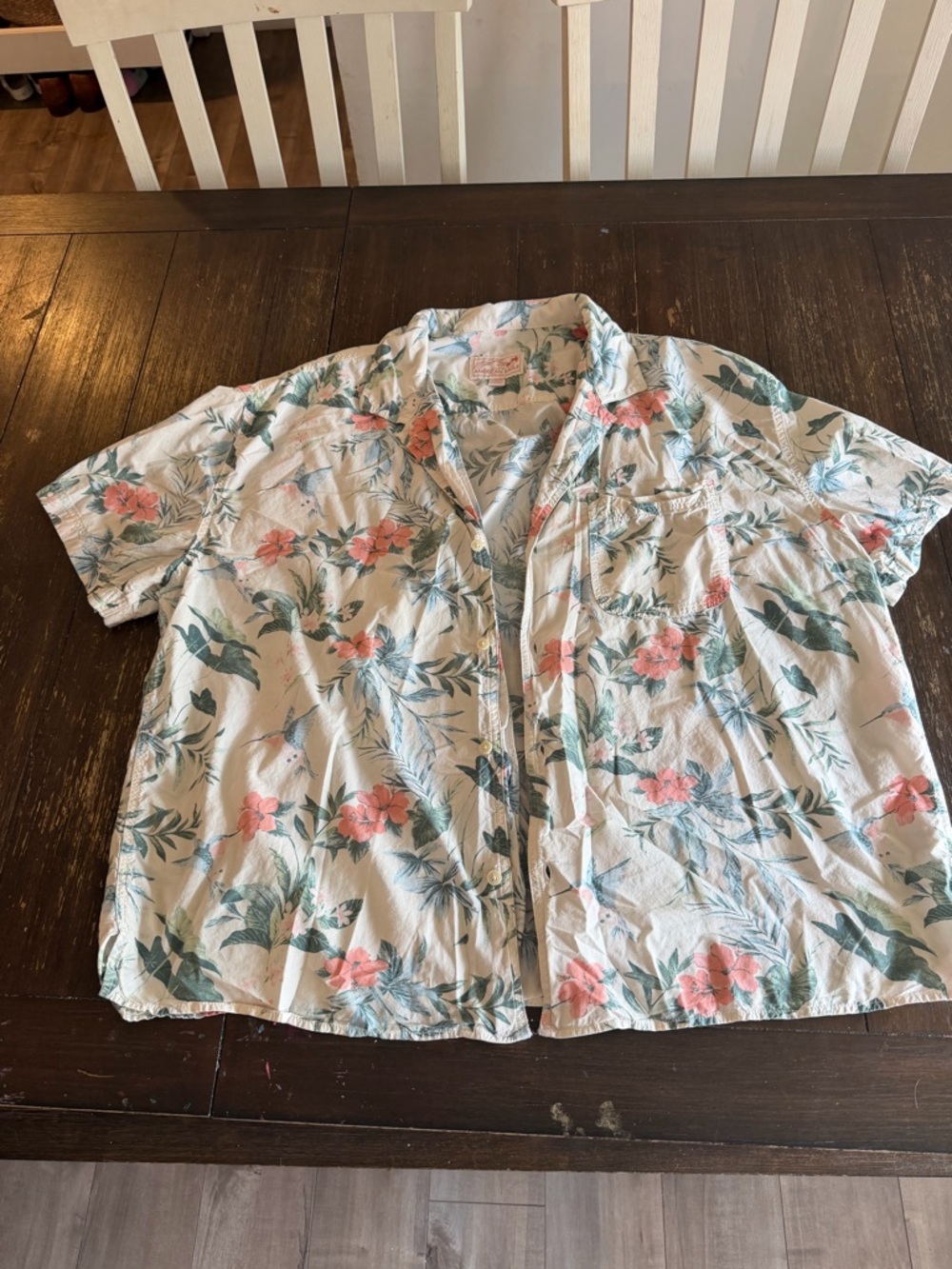 Tropical Floral Short Sleeve Button-Up Shirt - White with Coral & Teal Print
